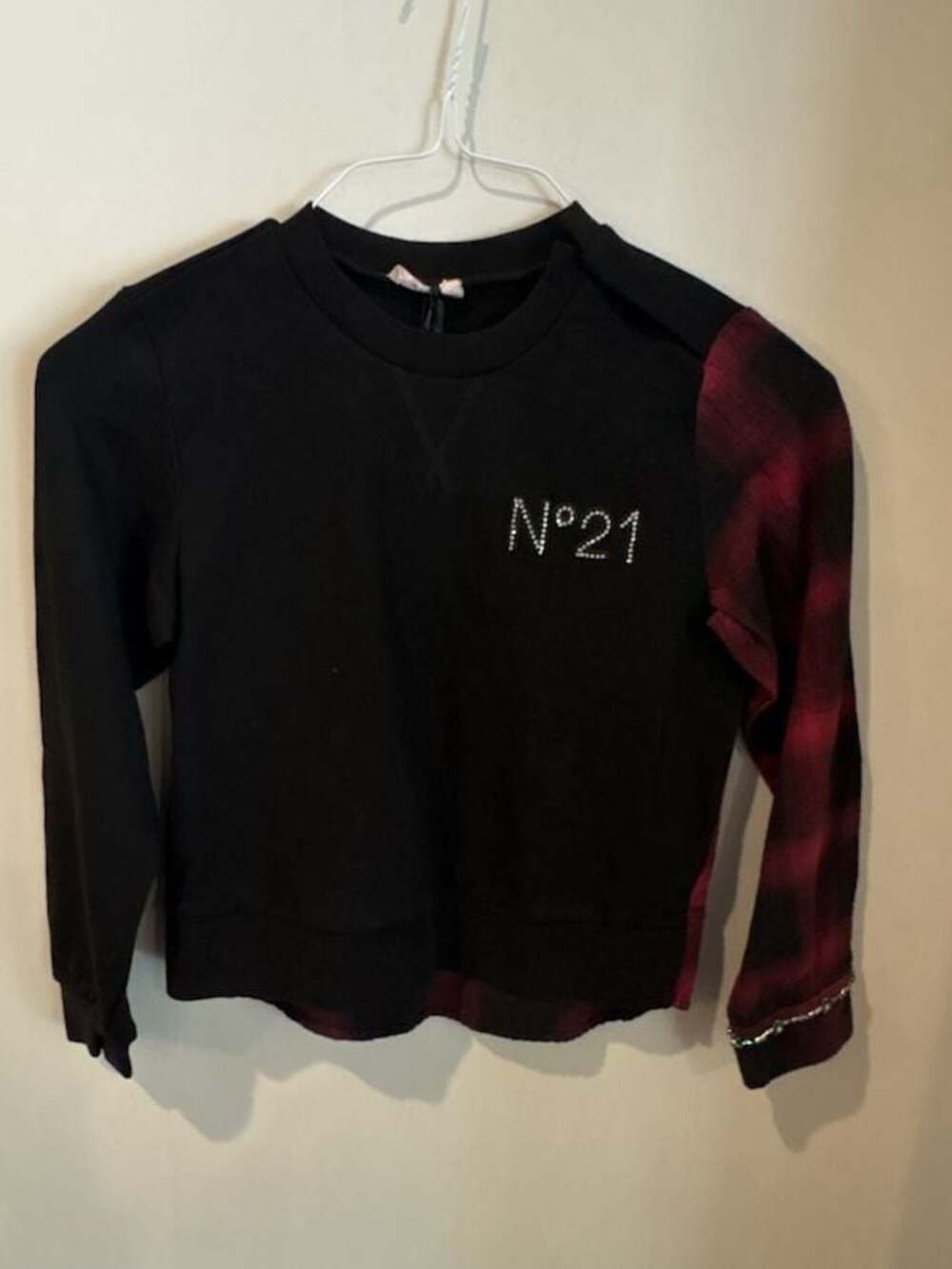 N°21 Girls Rhinestone Logo Plaid Sleeve Sweatshirt Size 8, X large